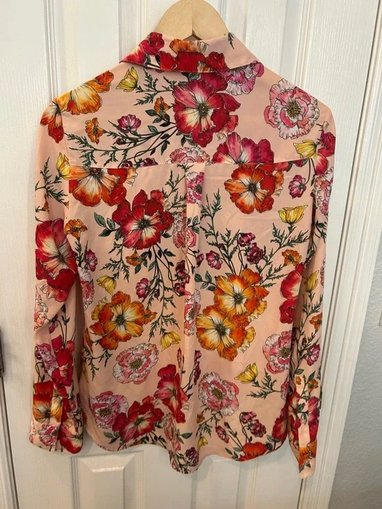 Express Peach Floral Button-Down Shirt with Red & Yellow Blooms - Picture 7 of 9